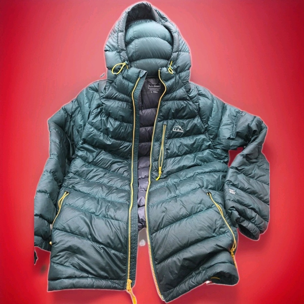 LL Bean Puffer Jacket L Tall Green Ultralight 850 Down Hooded Pertex Quantum EUC